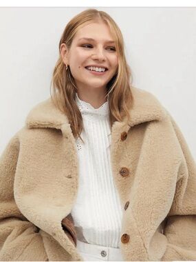 Mango Plush Teddy Jacket in Camel